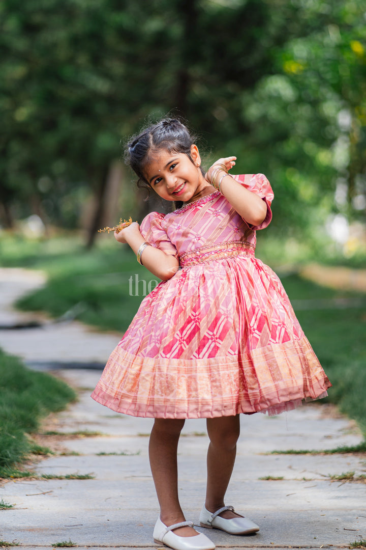 Girls Fancy Frock in Red Tissue Silk with Floral Gold Embellishments and Puffed Sleeves