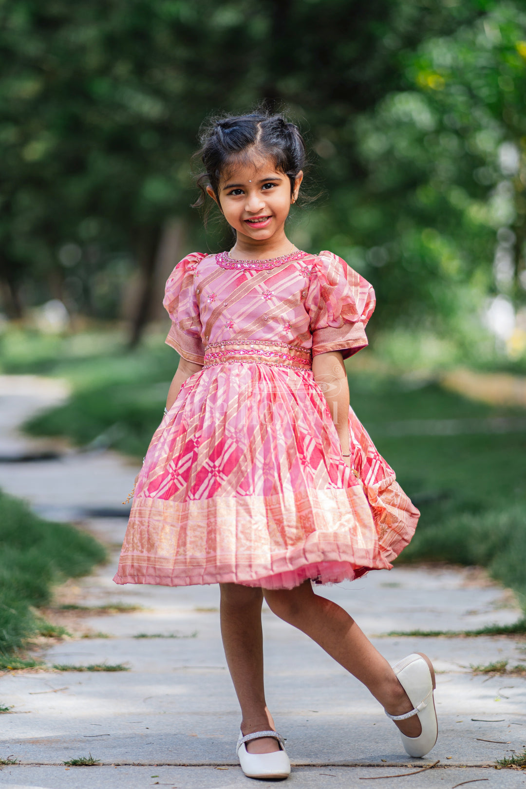 Girls Fancy Frock in Red Tissue Silk with Floral Gold Embellishments and Puffed Sleeves