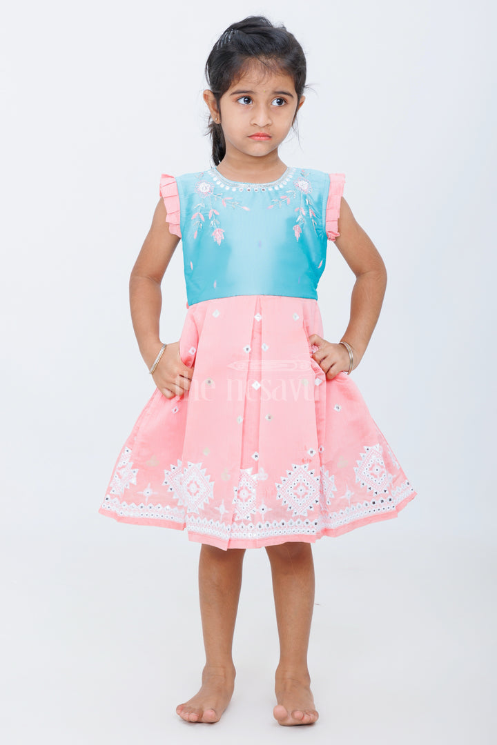 Girls Chanderi Silk Party Frock in Blue and Peach with Sleeveless Design and Embroidery