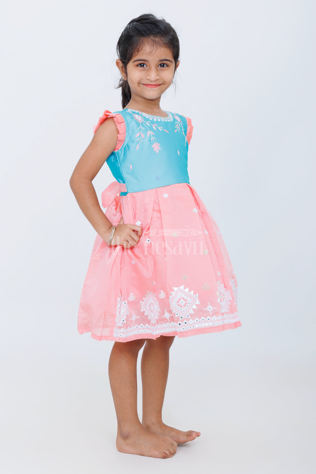 Girls Chanderi Silk Party Frock in Blue and Peach with Sleeveless Design and Embroidery