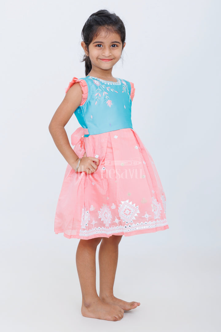 Girls Chanderi Silk Party Frock in Blue and Peach with Sleeveless Design and Embroidery