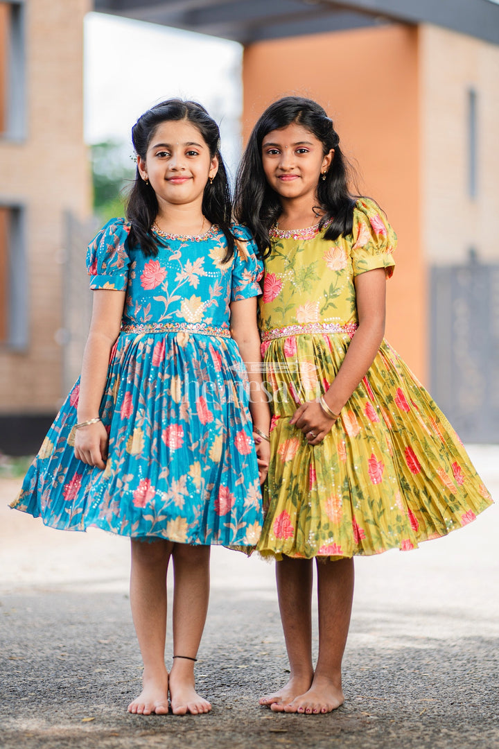 Girls Yellow Silk Party Frock with Puff Sleeves and Floral Prints