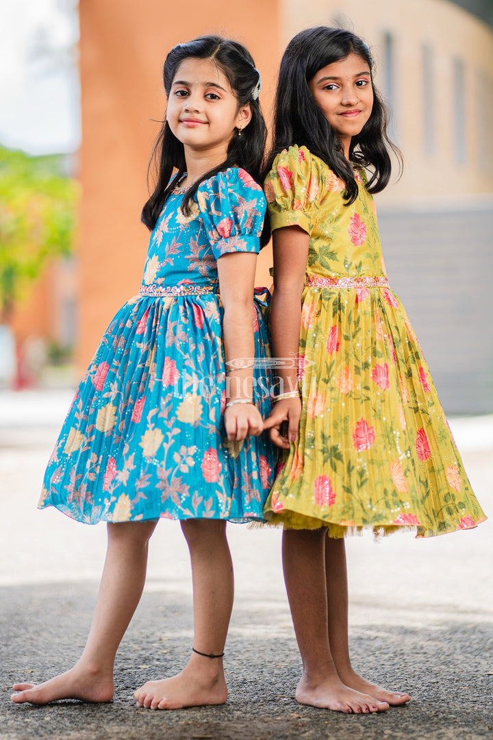 Girls Yellow Silk Party Frock with Puff Sleeves and Floral Prints