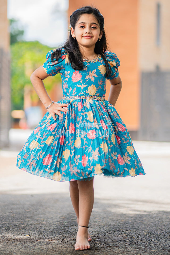 Girls Blue Floral Silk Party Frock with Puff Sleeves and Embellished Waistline