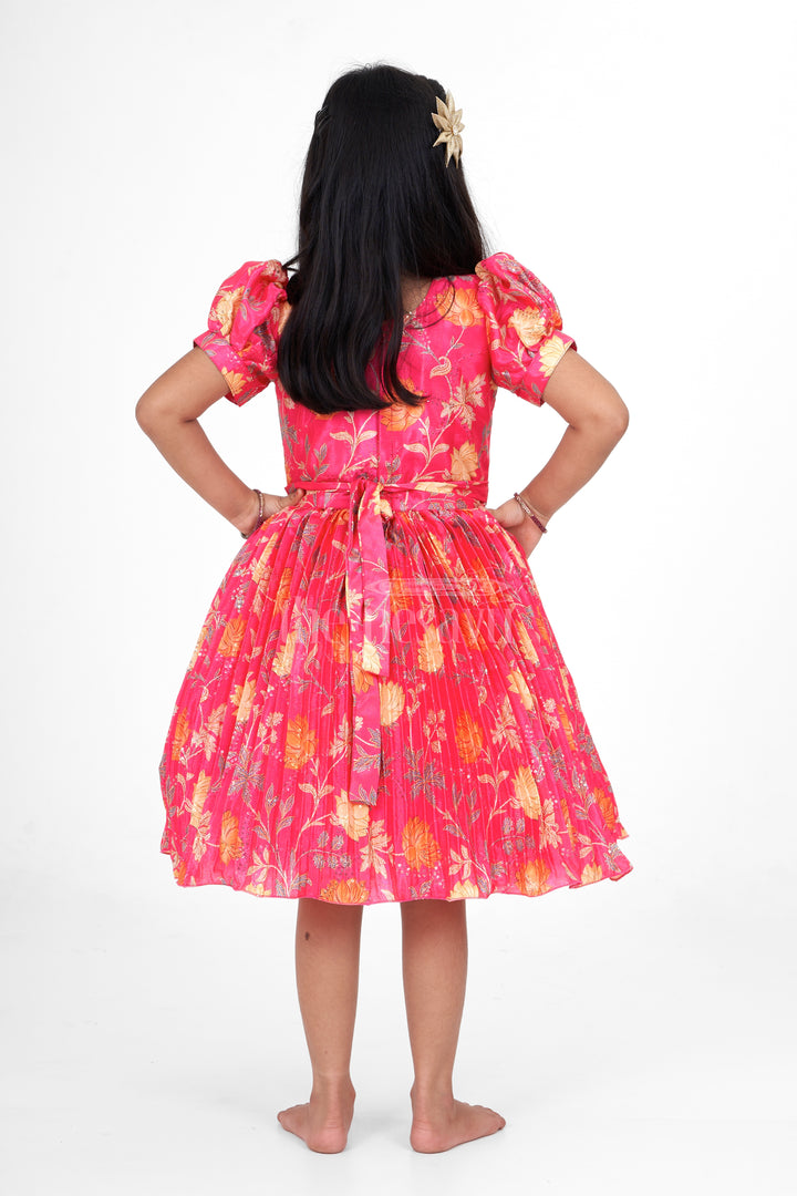 Girls Red Silk Party Frock with Floral Prints and Puff Sleeves