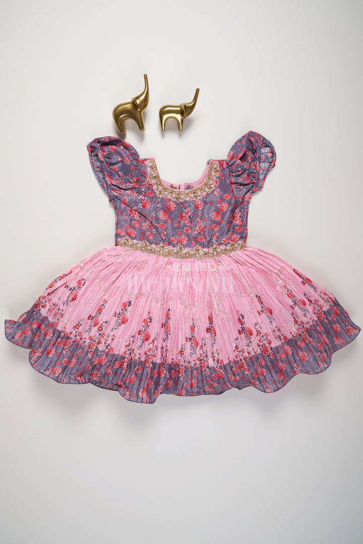 Girls Blue and Pink Floral Silk Party Frock with Puff Sleeves and Embellishments