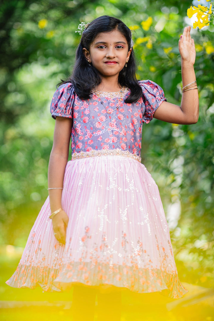 Girls Blue and Pink Floral Silk Party Frock with Puff Sleeves and Embellishments