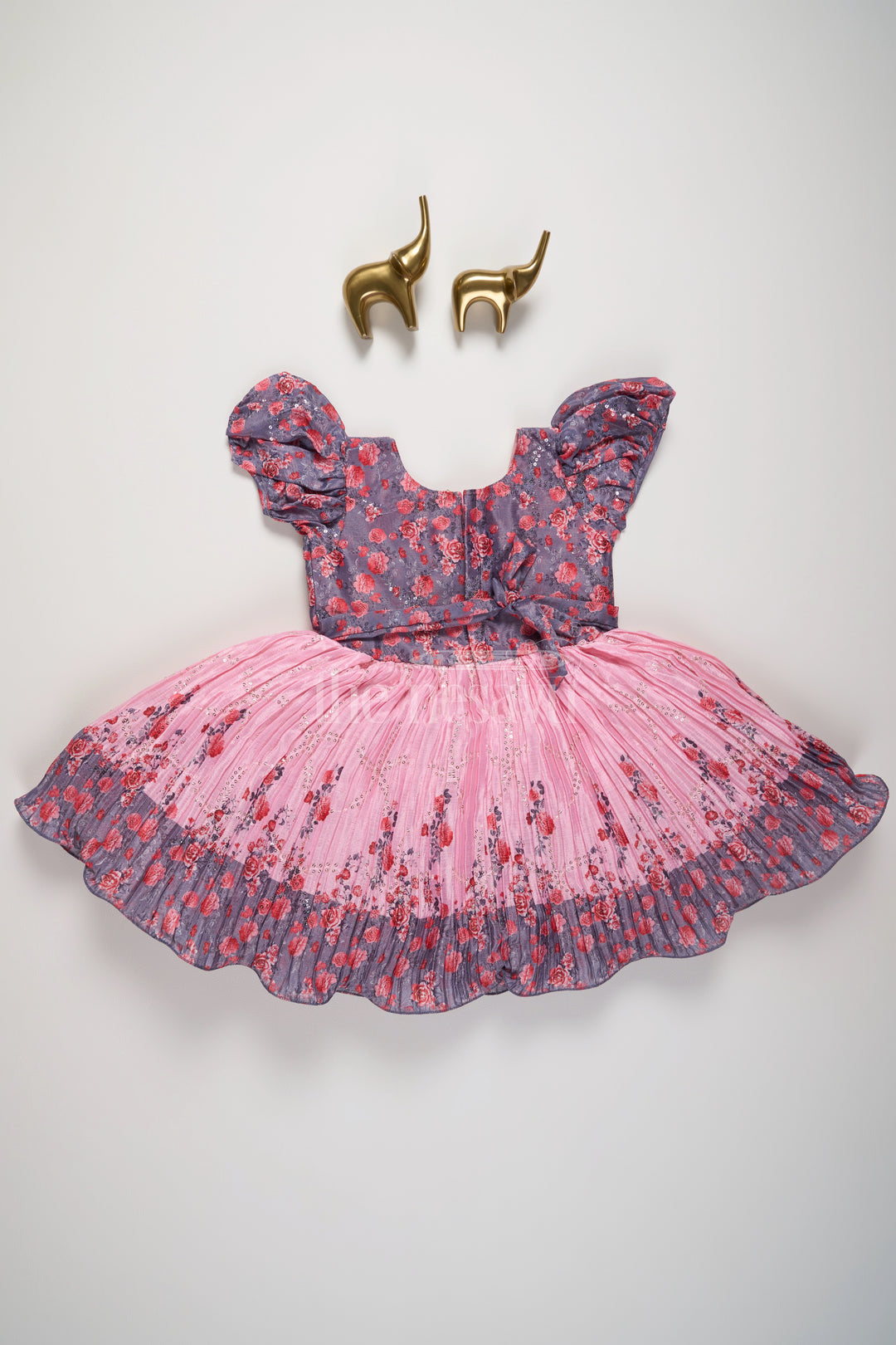 Girls Blue and Pink Floral Silk Party Frock with Puff Sleeves and Embellishments