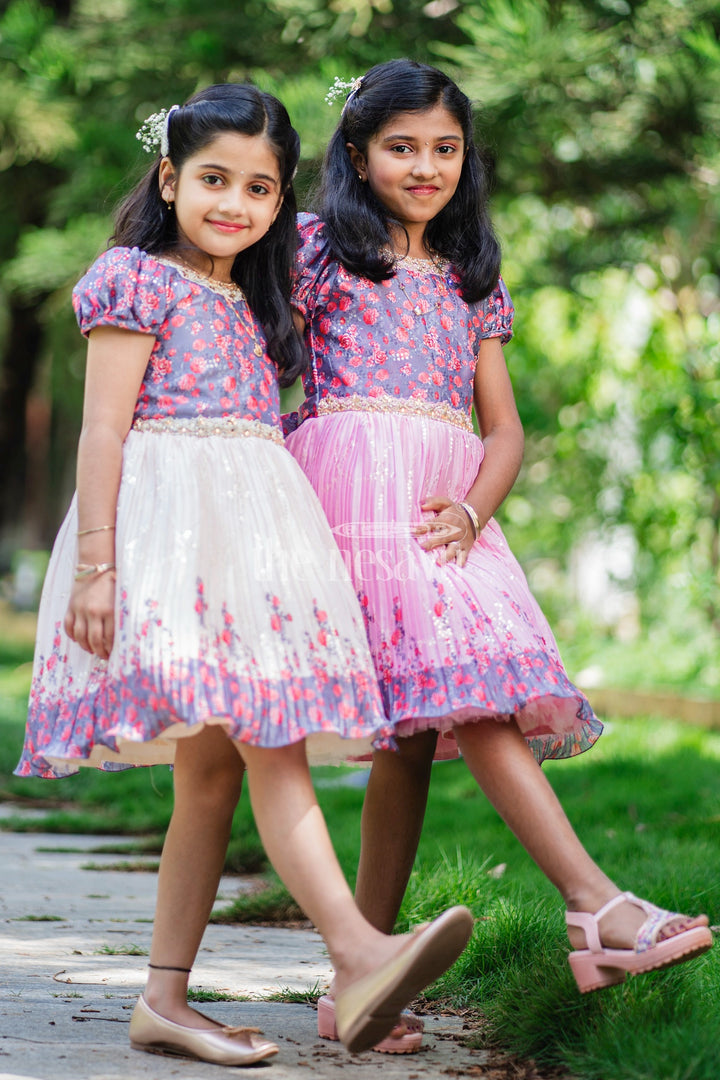 Girls Blue and Pink Floral Silk Party Frock with Puff Sleeves and Embellishments