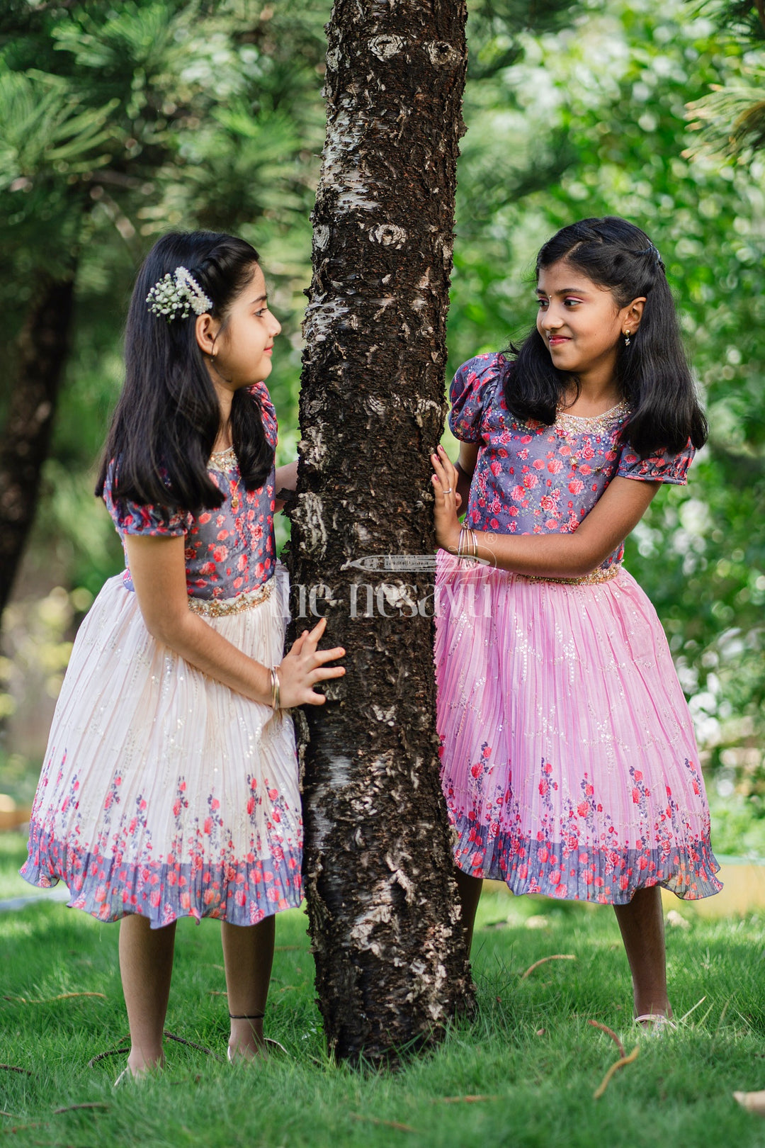 Girls Blue and Pink Floral Silk Party Frock with Puff Sleeves and Embellishments