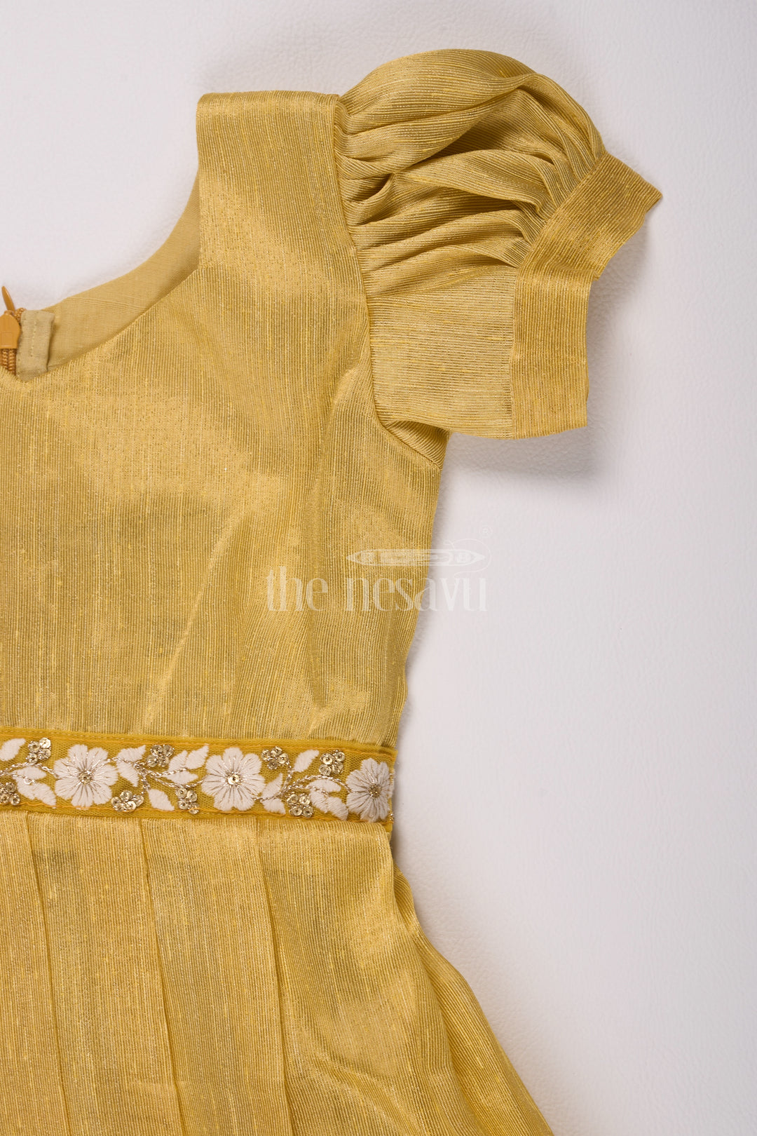 Elegant Girls Silk Dress Frock in Gold Tissue Fabric with Floral Embroidery