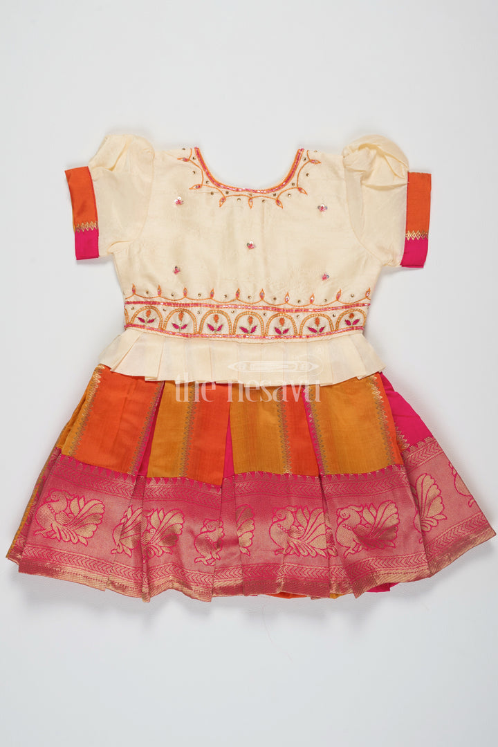 Banarasi Semi Silk Embroidered Pattu Pavadai for Girls – Festive Traditional Attire in Orange