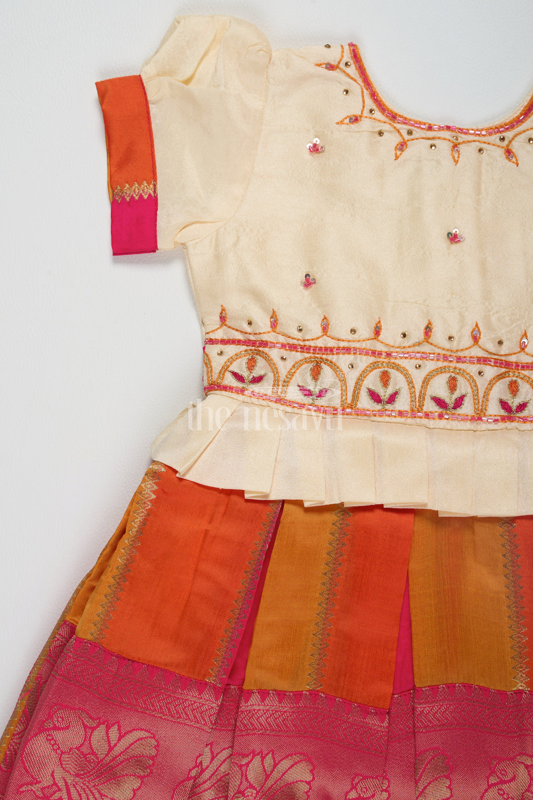 Banarasi Semi Silk Embroidered Pattu Pavadai for Girls – Festive Traditional Attire in Orange