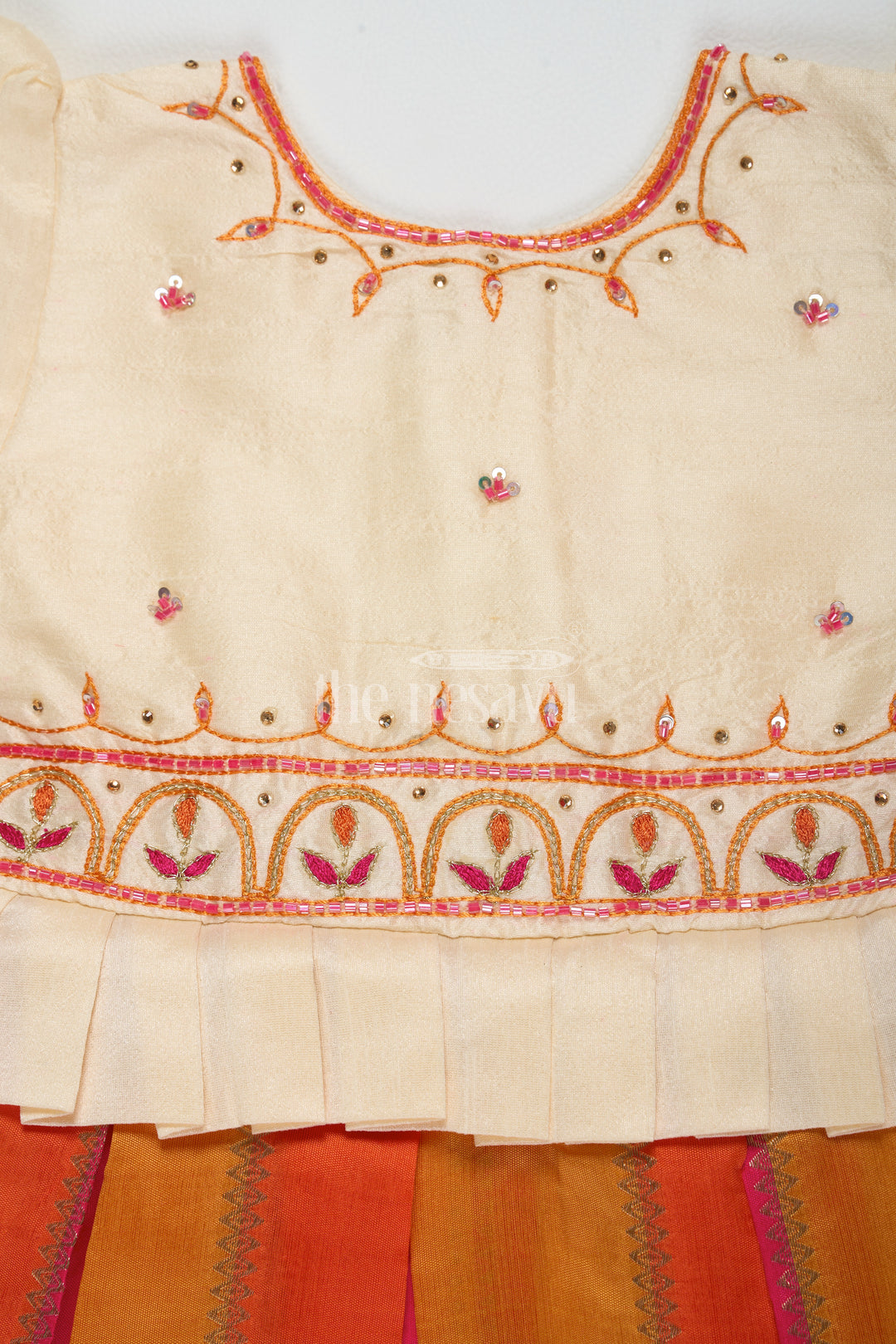 Banarasi Semi Silk Embroidered Pattu Pavadai for Girls – Festive Traditional Attire in Orange