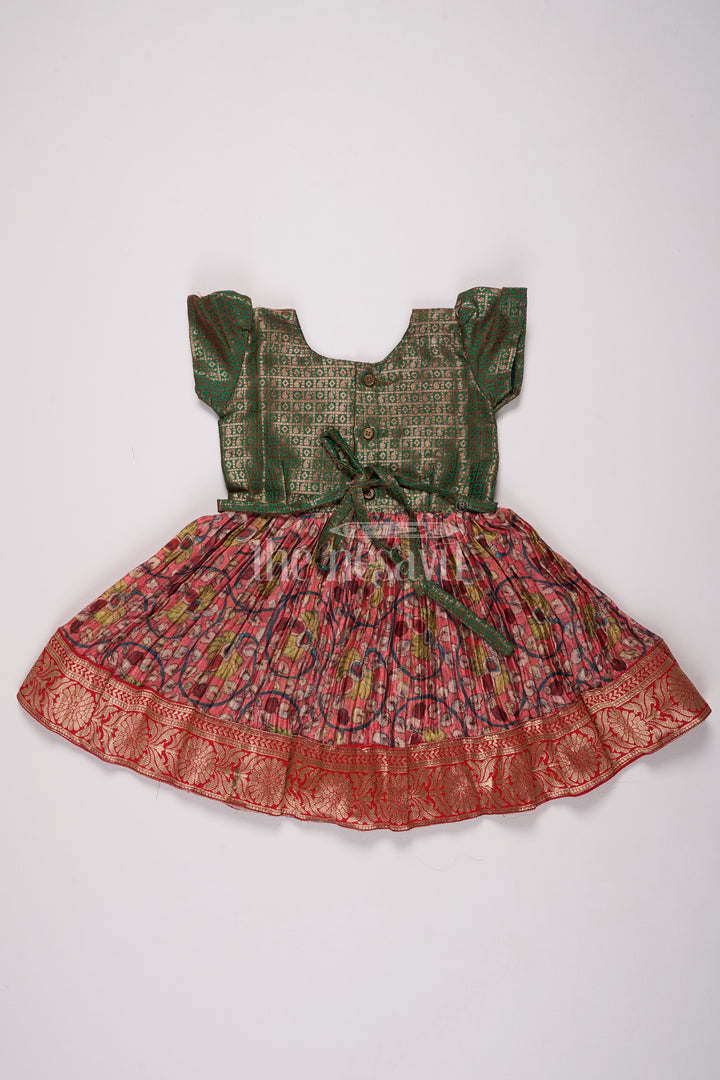 Girls Green and Red Pleated Silk Christmas Frock with Elegant Embroidery