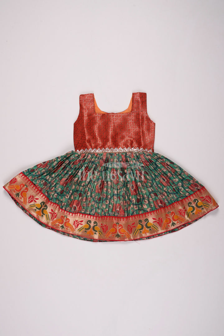 Girls Red and Green Silk Frock Model Dress with Bird Motif Border