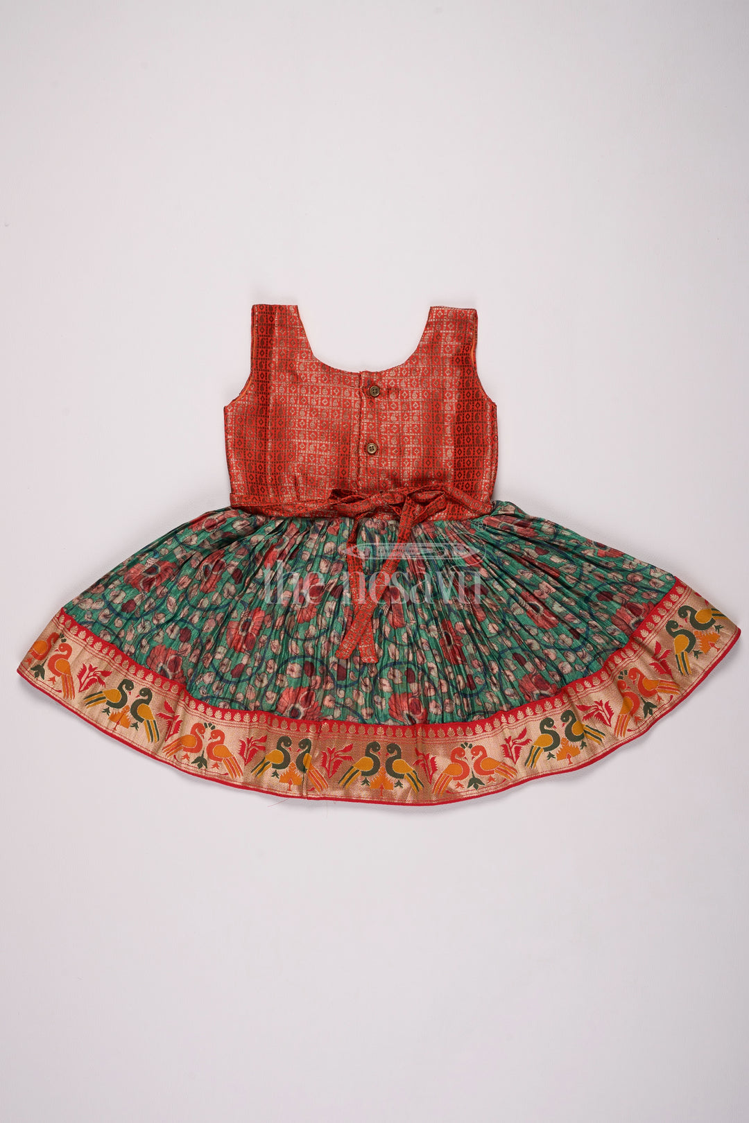 Girls Red and Green Silk Frock Model Dress with Bird Motif Border