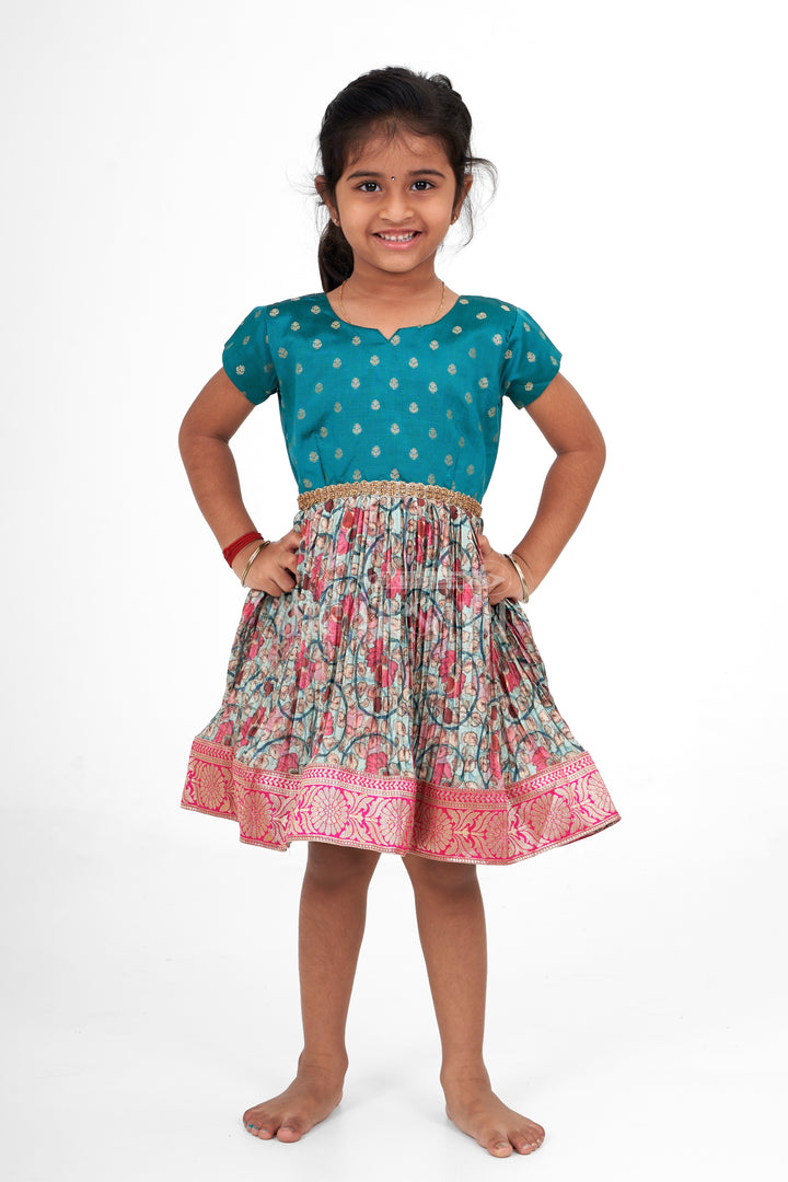 Girls Teal and Pink Silk Christmas Party Dress with Floral Pleats and Zari Border