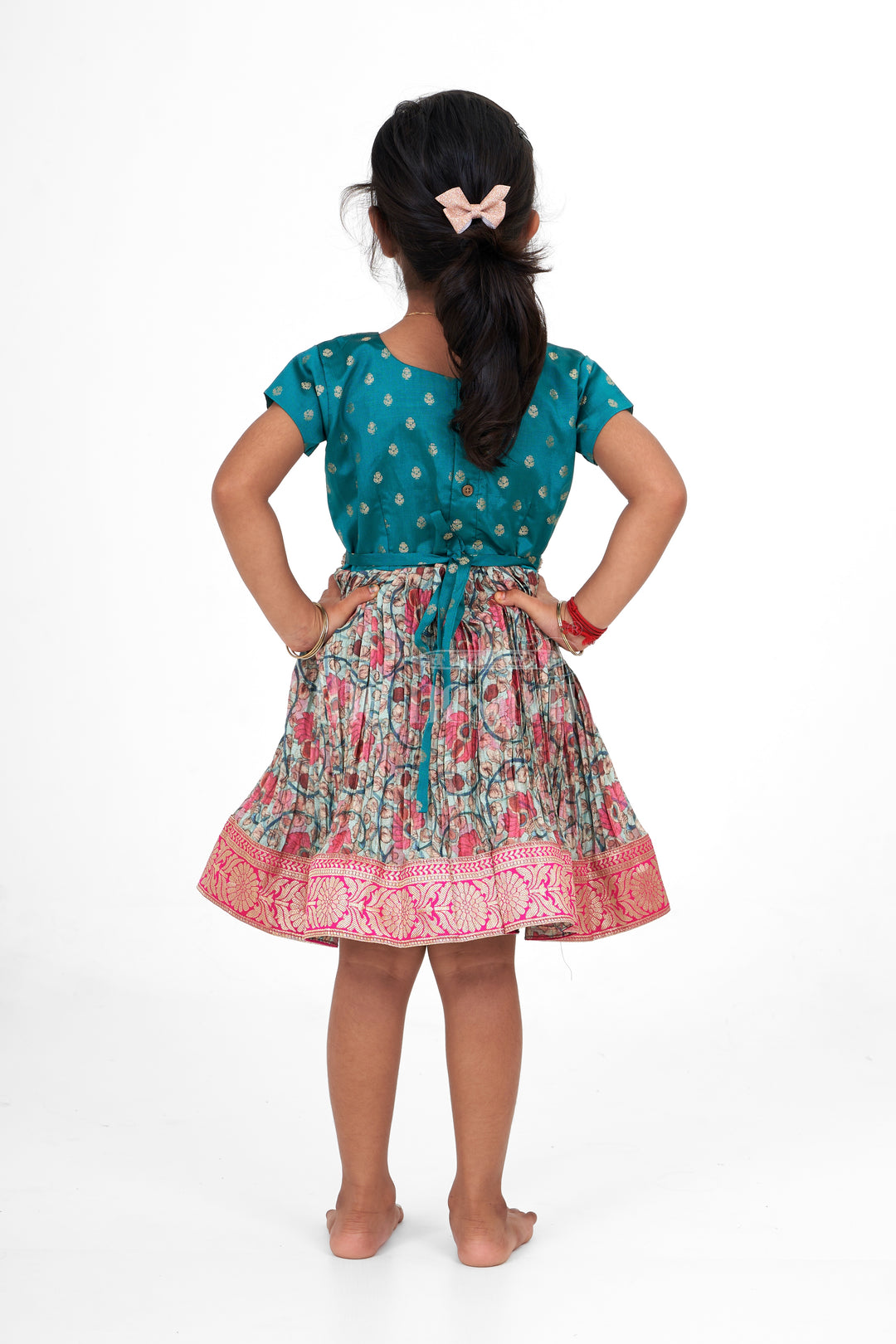 Girls Teal and Pink Silk Christmas Party Dress with Floral Pleats and Zari Border