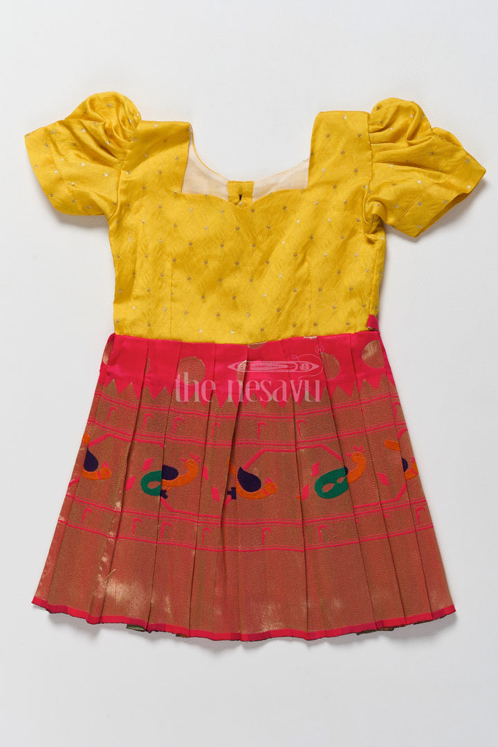 Vibrant Yellow and Gold Jacquard Design of Short Frock for Girls with Puff Sleeves