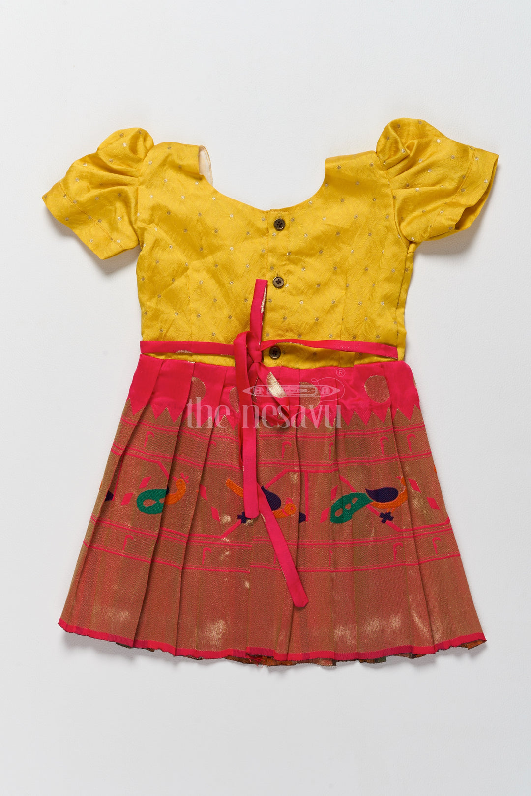 Vibrant Yellow and Gold Jacquard Design of Short Frock for Girls with Puff Sleeves