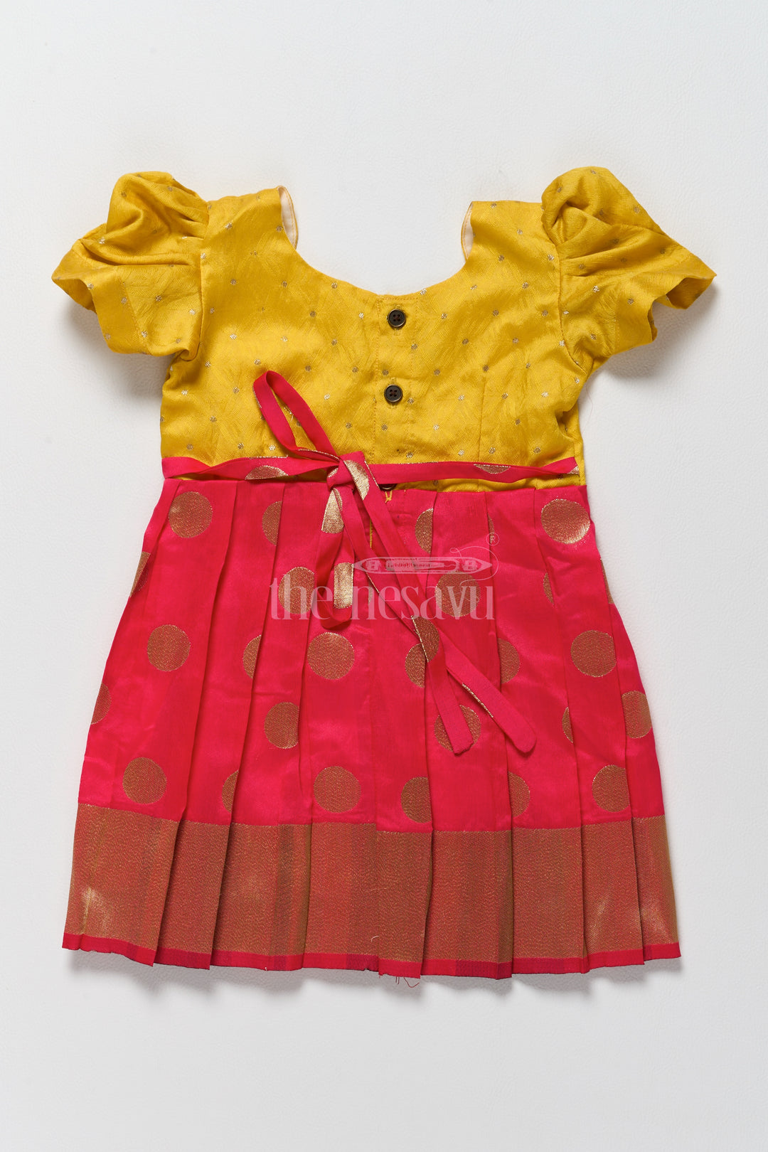 Vibrant Yellow and Gold Jacquard Design of Short Frock for Girls with Puff Sleeves