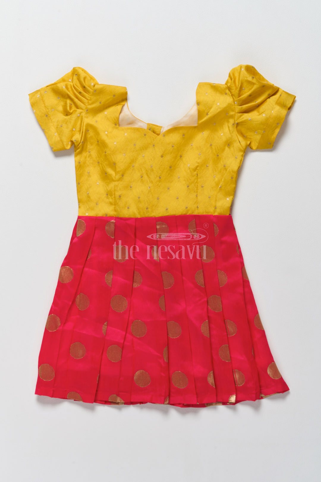 Vibrant Yellow and Gold Jacquard Design of Short Frock for Girls with Puff Sleeves