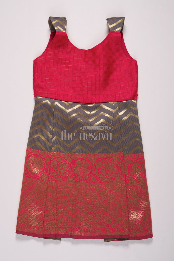 Stunning Red and Gold Jacquard Dress Frock for Girls with Chevron Pleats