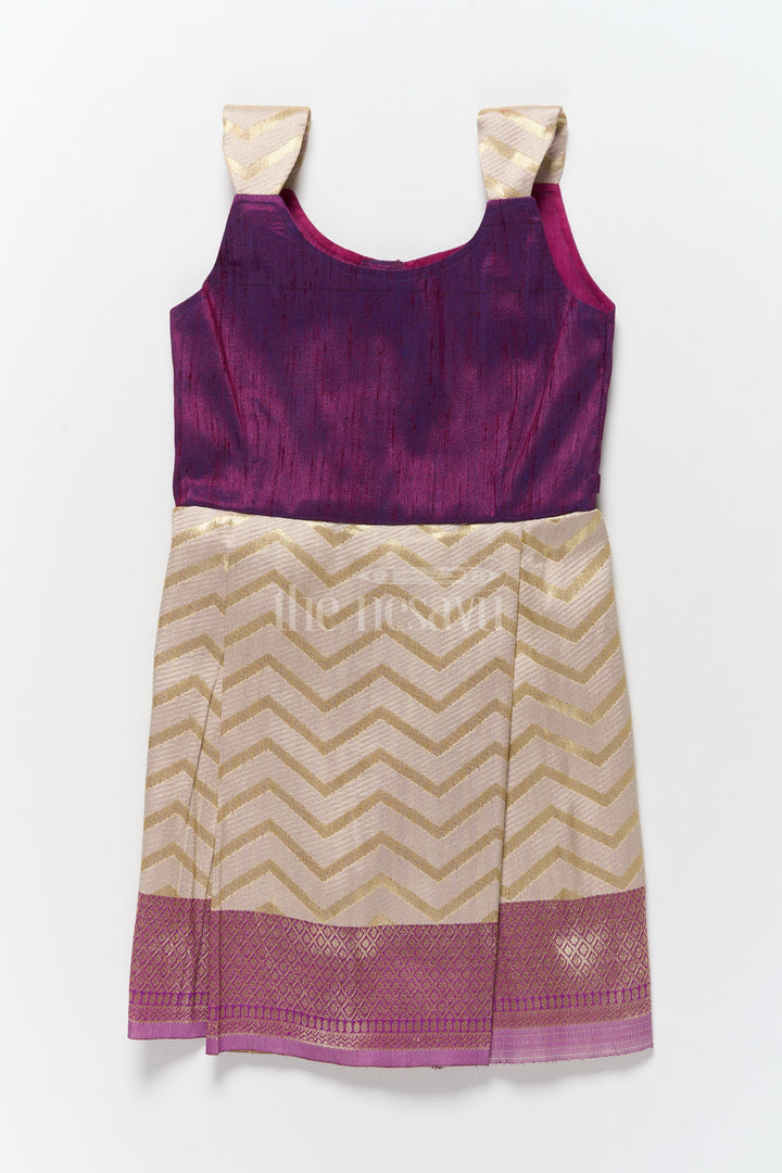 Regal Purple and Gold Jacquard Indian Frock for Girls with Intricate Border Details