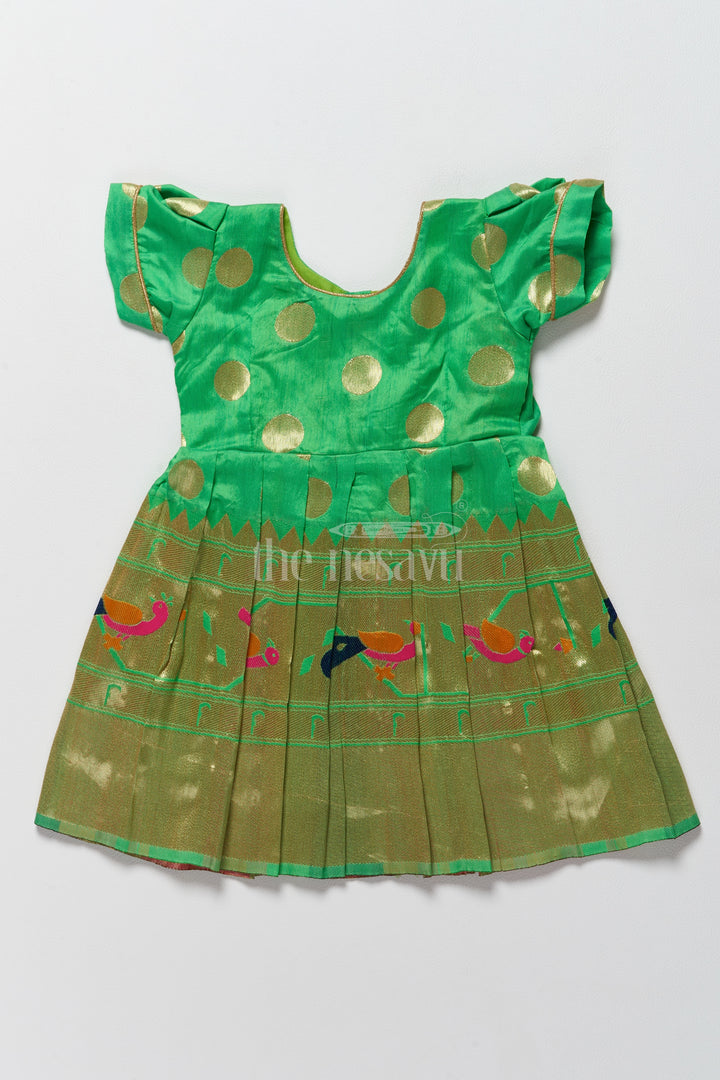 Vibrant Green New Model Frock for Girls with Golden Jacquard and Puff Sleeves