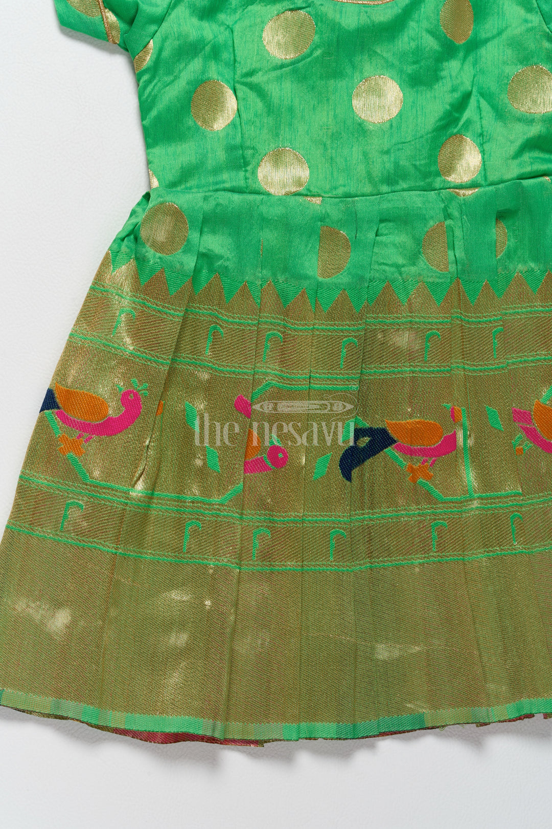 Vibrant Green New Model Frock for Girls with Golden Jacquard and Puff Sleeves