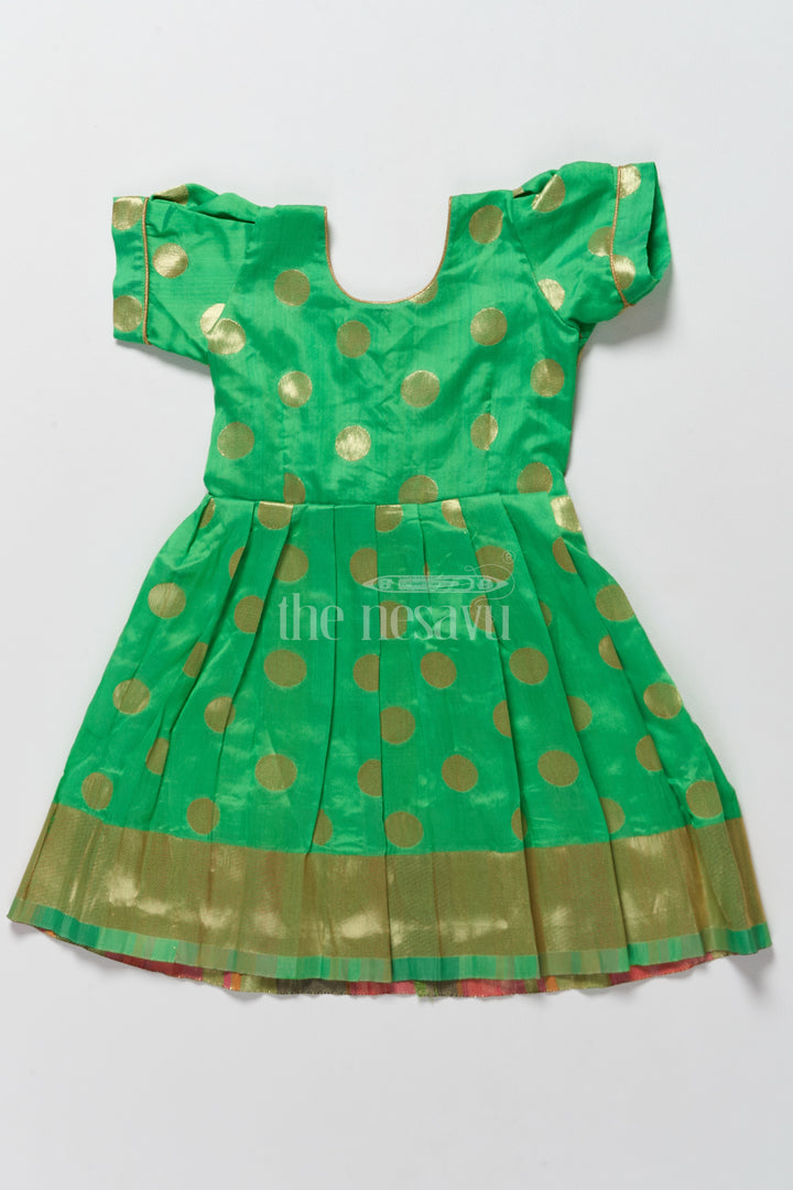 Vibrant Green New Model Frock for Girls with Golden Jacquard and Puff Sleeves