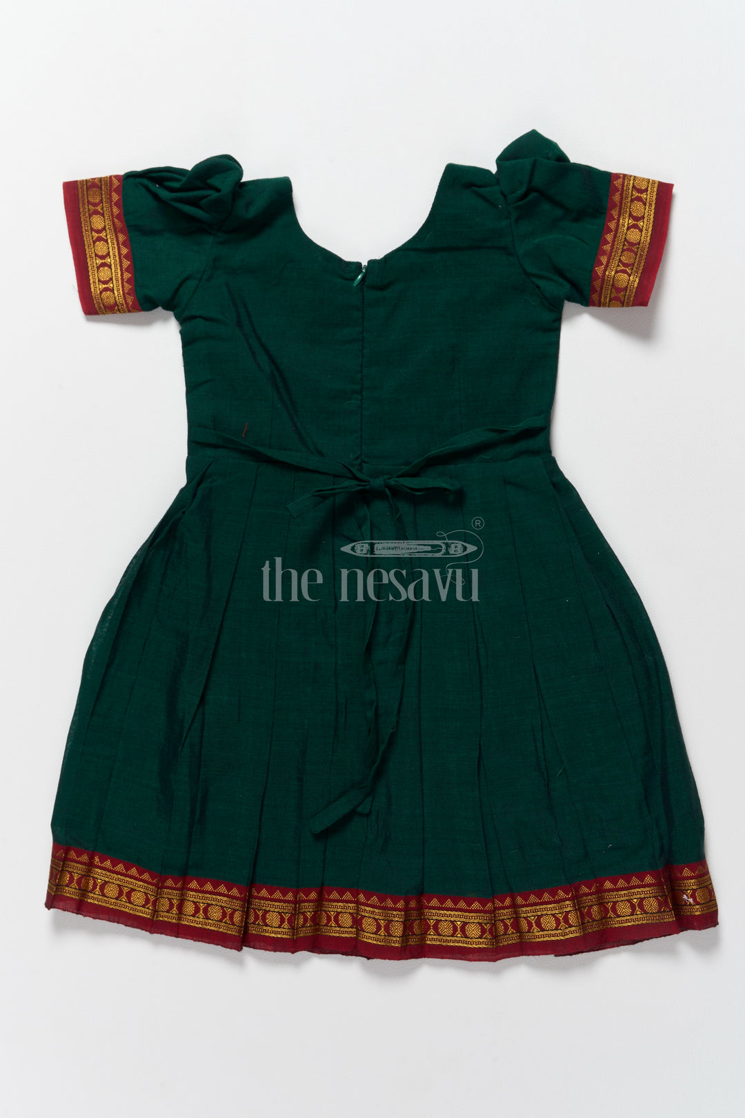 Classic Green and Gold Online Frock for Kids with Jacquard Silk and Puff Sleeves