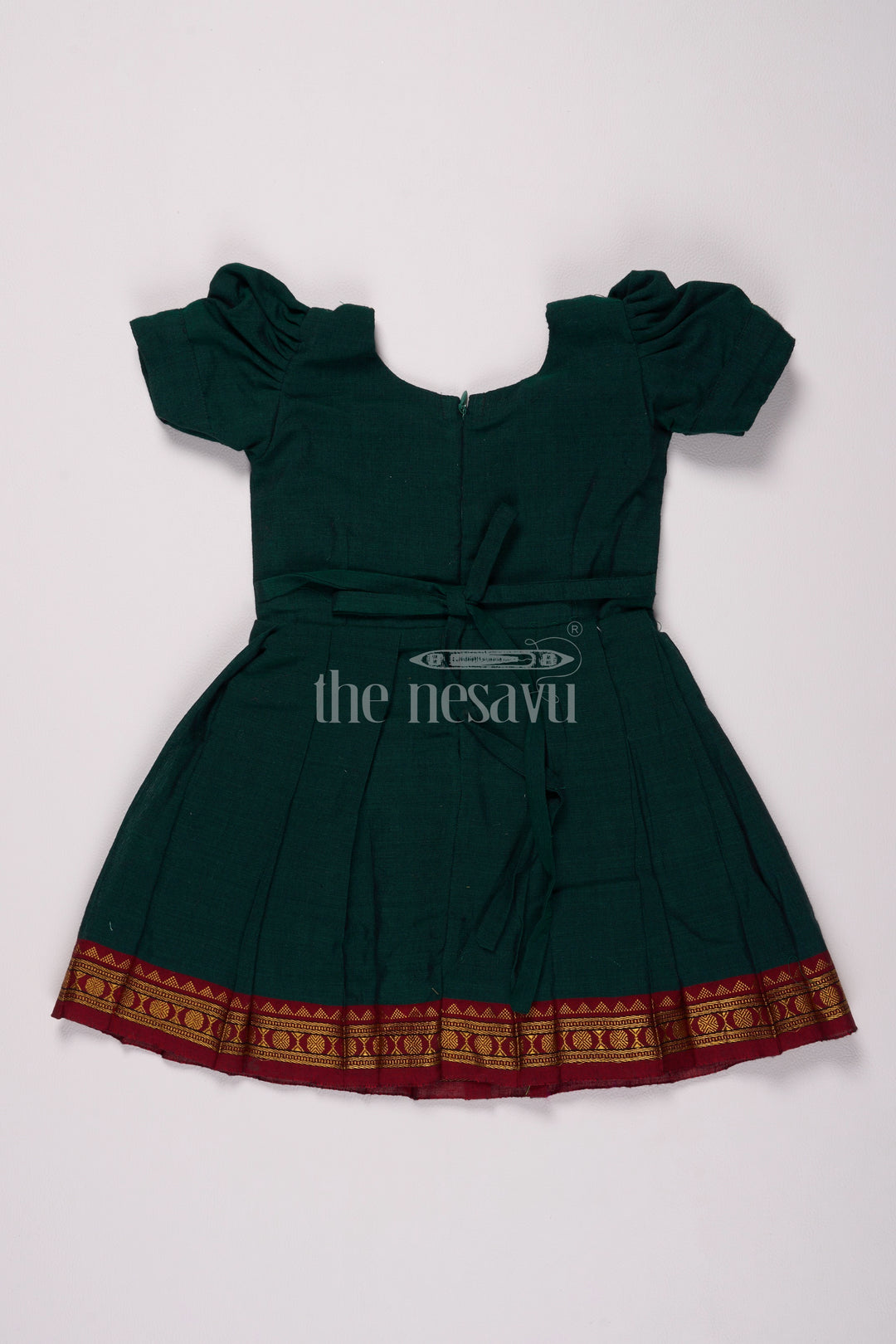 Classic Green and Gold Online Frock for Kids with Jacquard Silk and Puff Sleeves