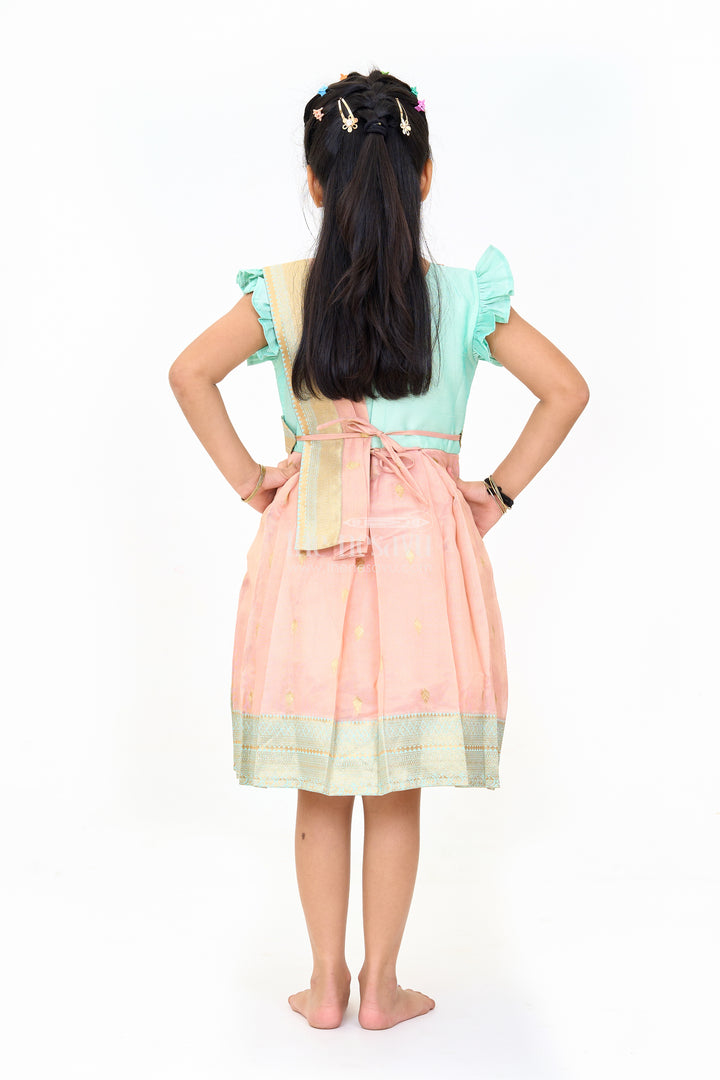 Girls Silk Party Frock with Puff Sleeves and Traditional Border Design