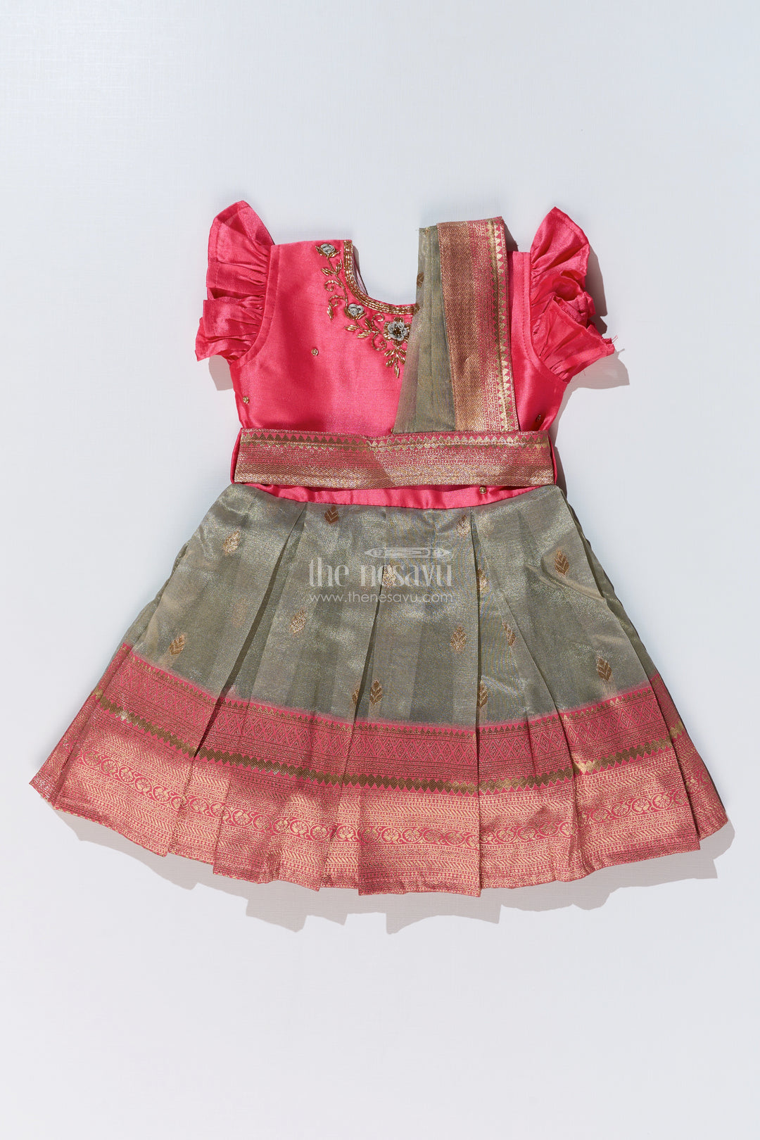 Girls Silk Blend Party Dress with Traditional Zari Border and Elegant Embroidery