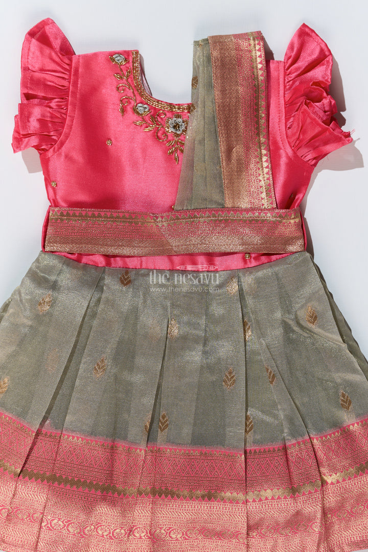 Girls Silk Blend Party Dress with Traditional Zari Border and Elegant Embroidery