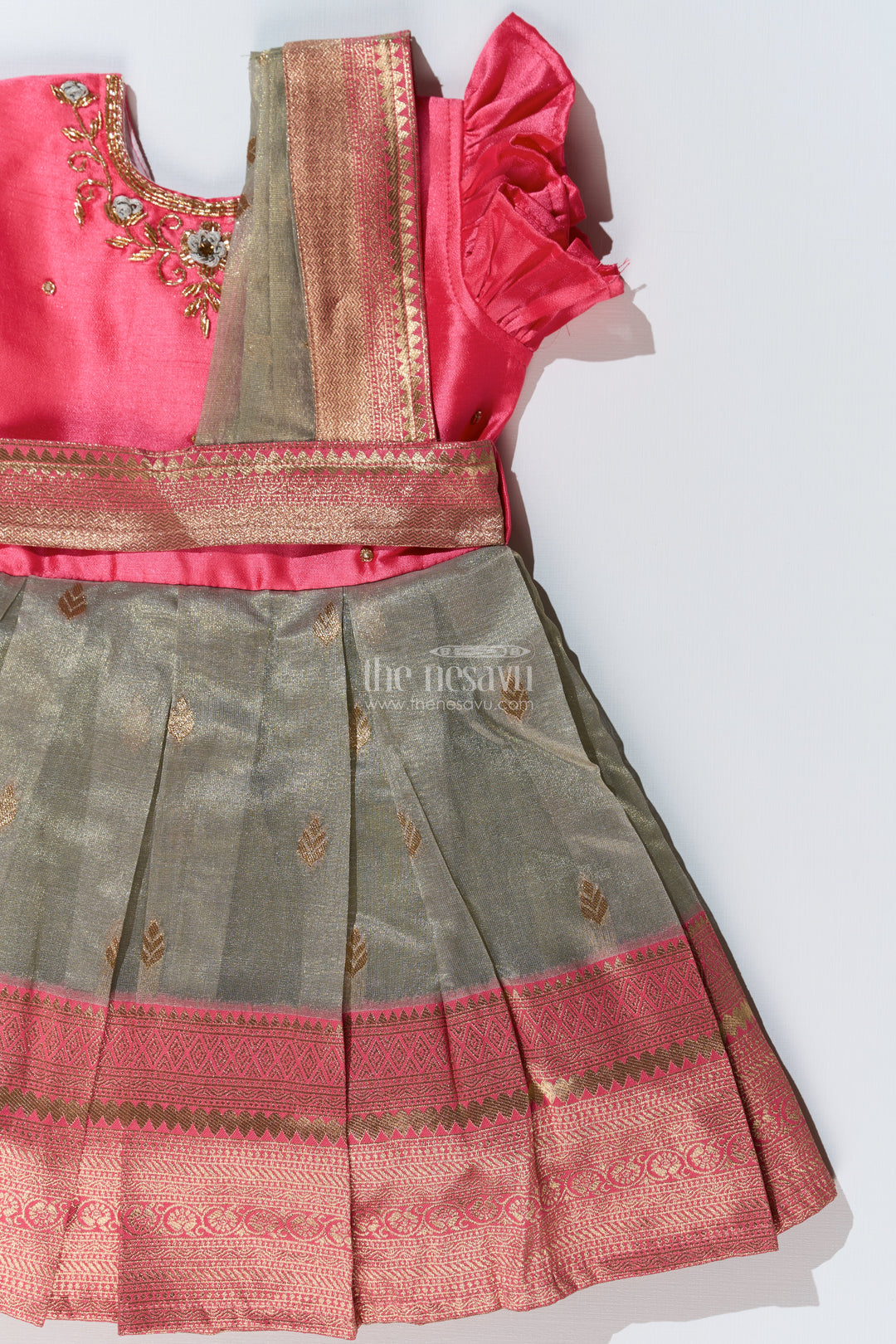 Girls Silk Blend Party Dress with Traditional Zari Border and Elegant Embroidery