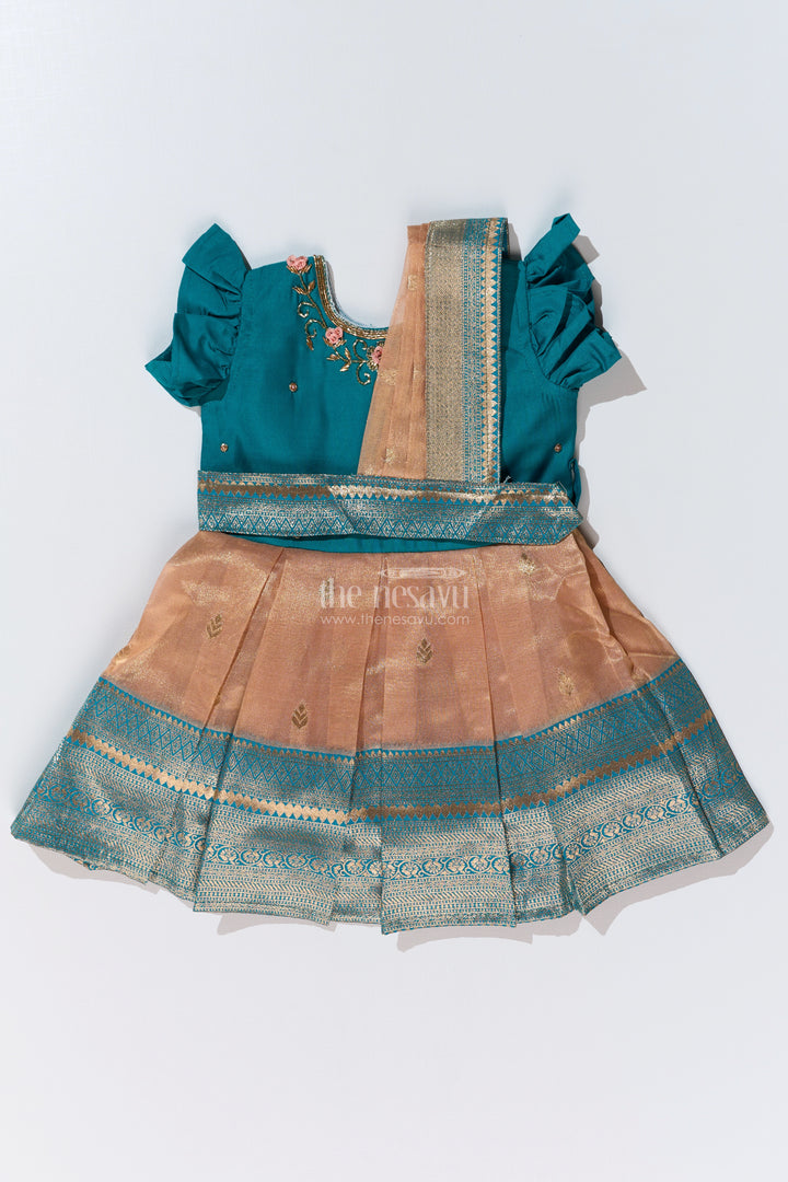 Girls Silk Saree to Frock with Traditional Zari Borders in Teal and Peach