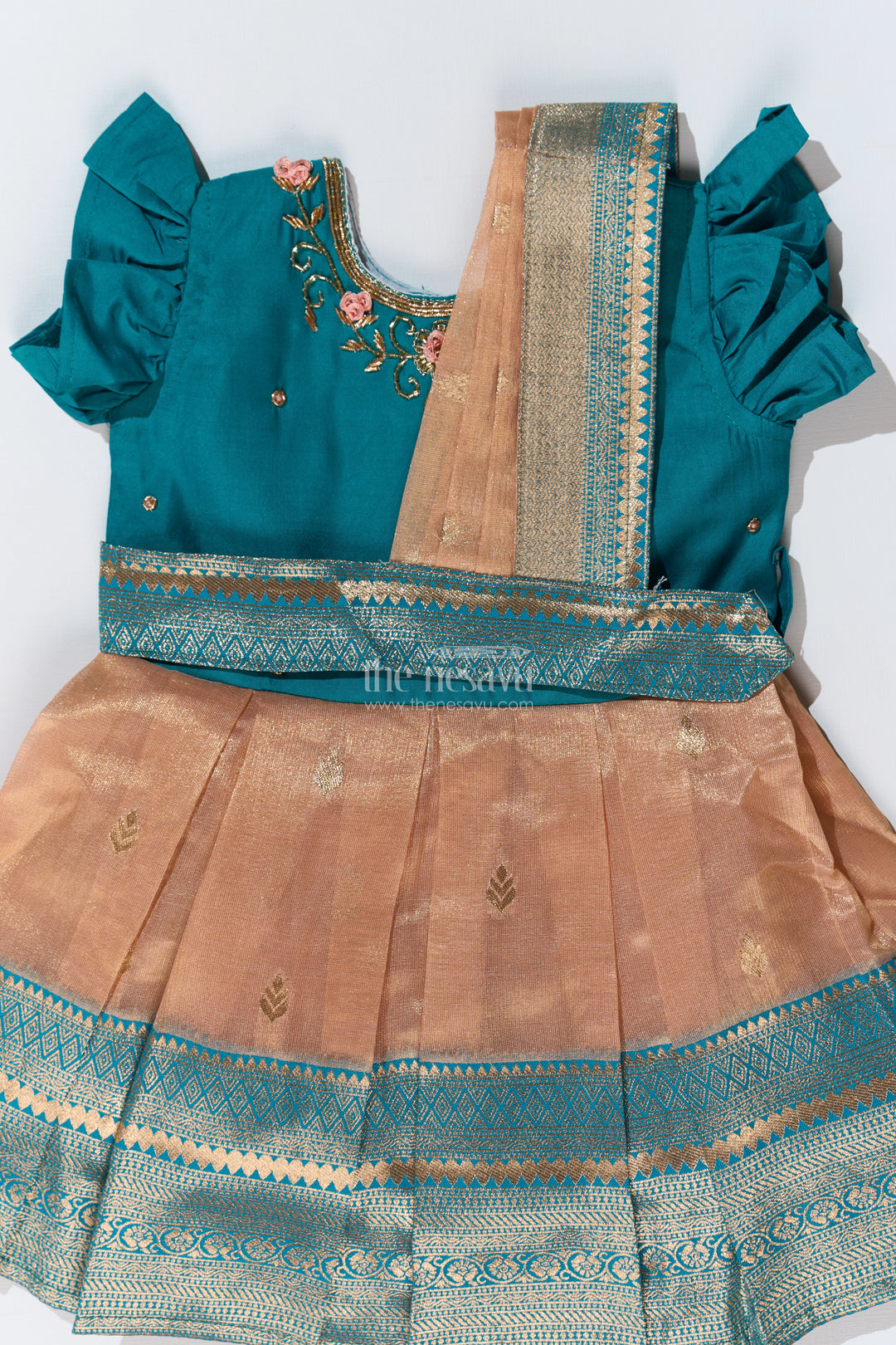 Girls Silk Saree to Frock with Traditional Zari Borders in Teal and Peach