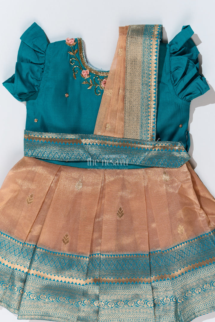 Girls Silk Saree to Frock with Traditional Zari Borders in Teal and Peach