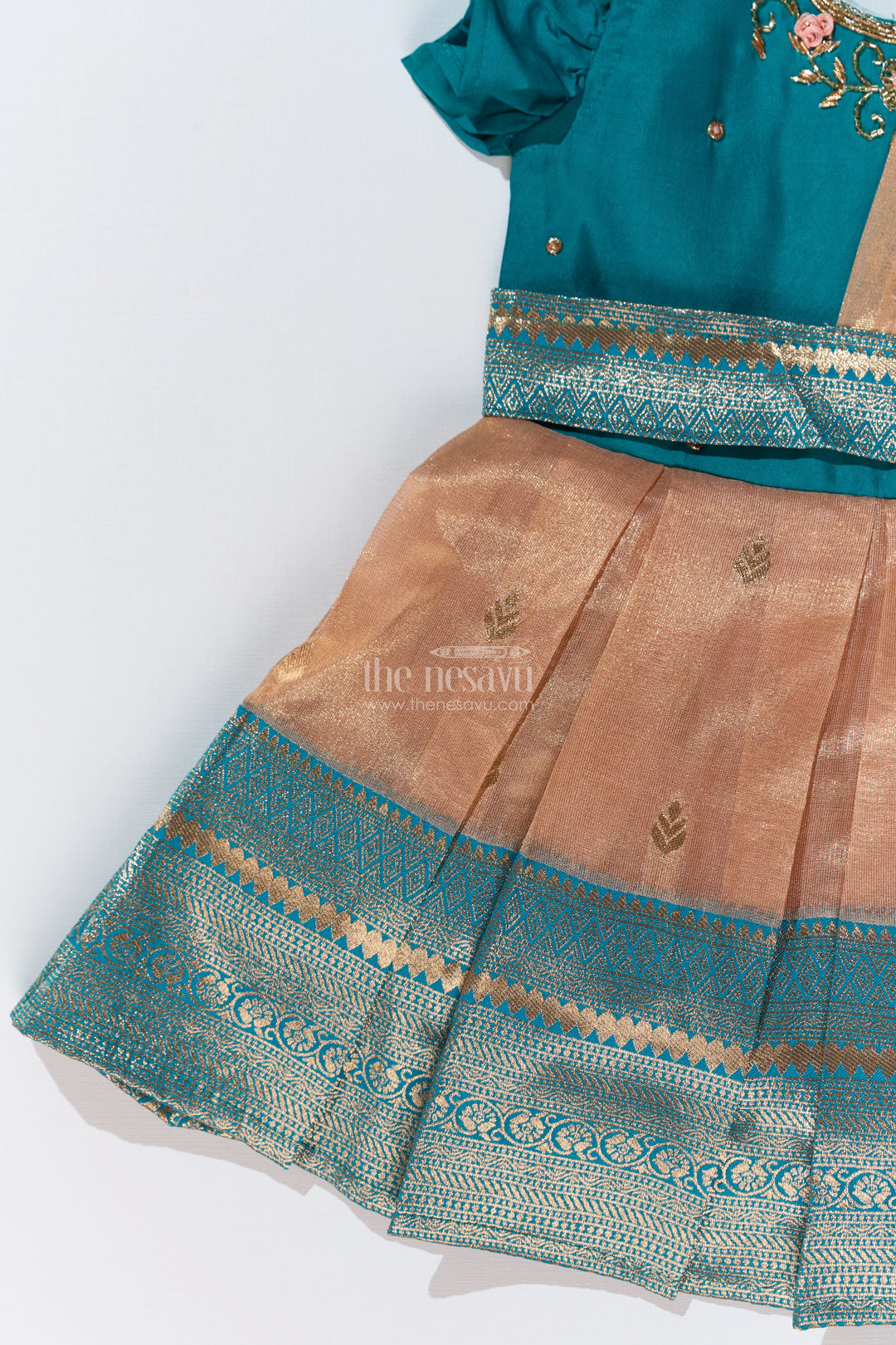 Girls Silk Saree to Frock with Traditional Zari Borders in Teal and Peach