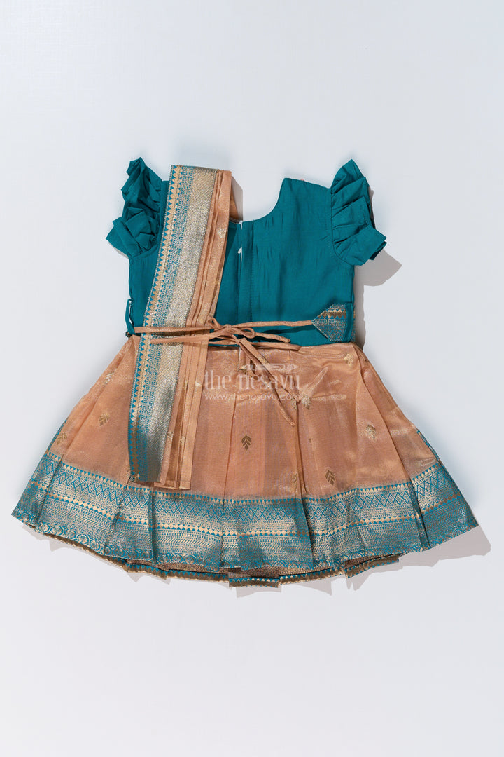 Girls Silk Saree to Frock with Traditional Zari Borders in Teal and Peach