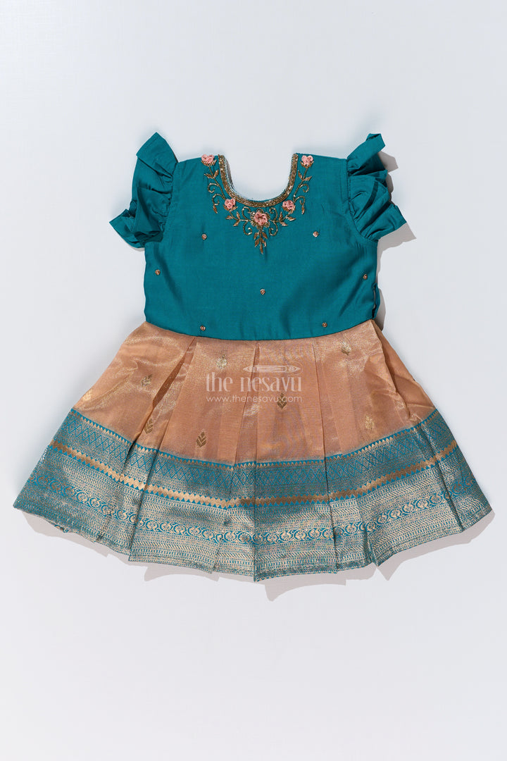 Girls Silk Saree to Frock with Traditional Zari Borders in Teal and Peach