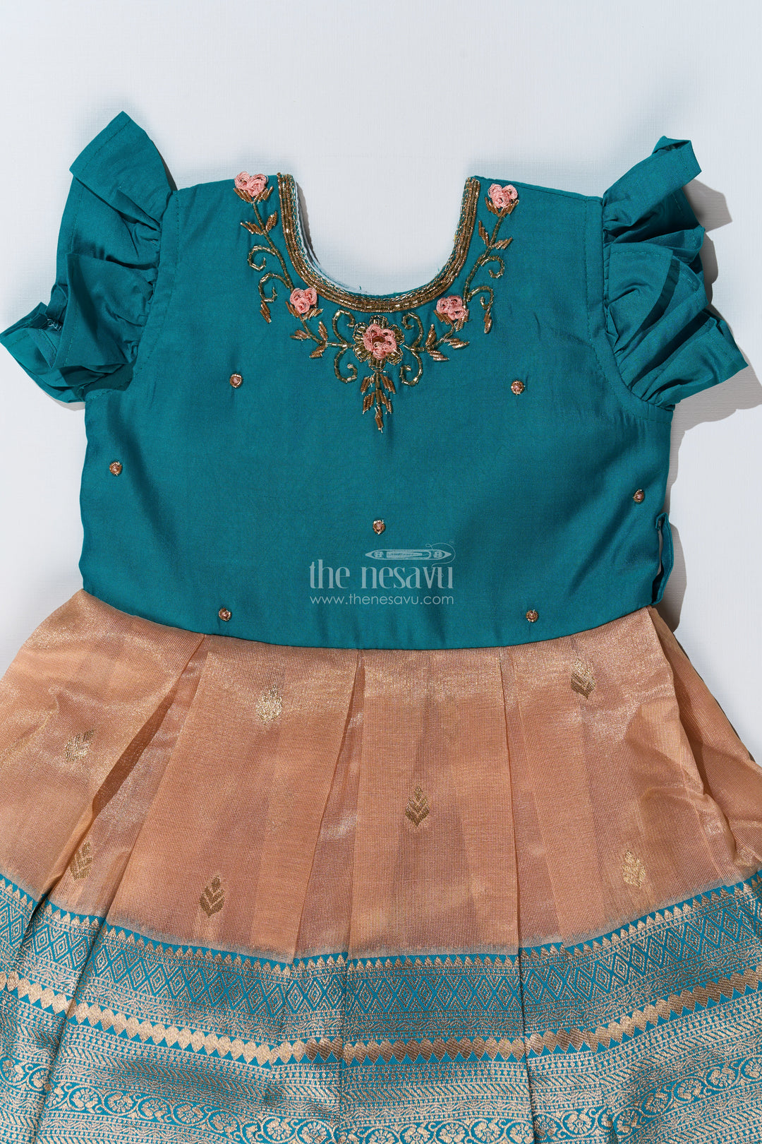 Girls Silk Saree to Frock with Traditional Zari Borders in Teal and Peach