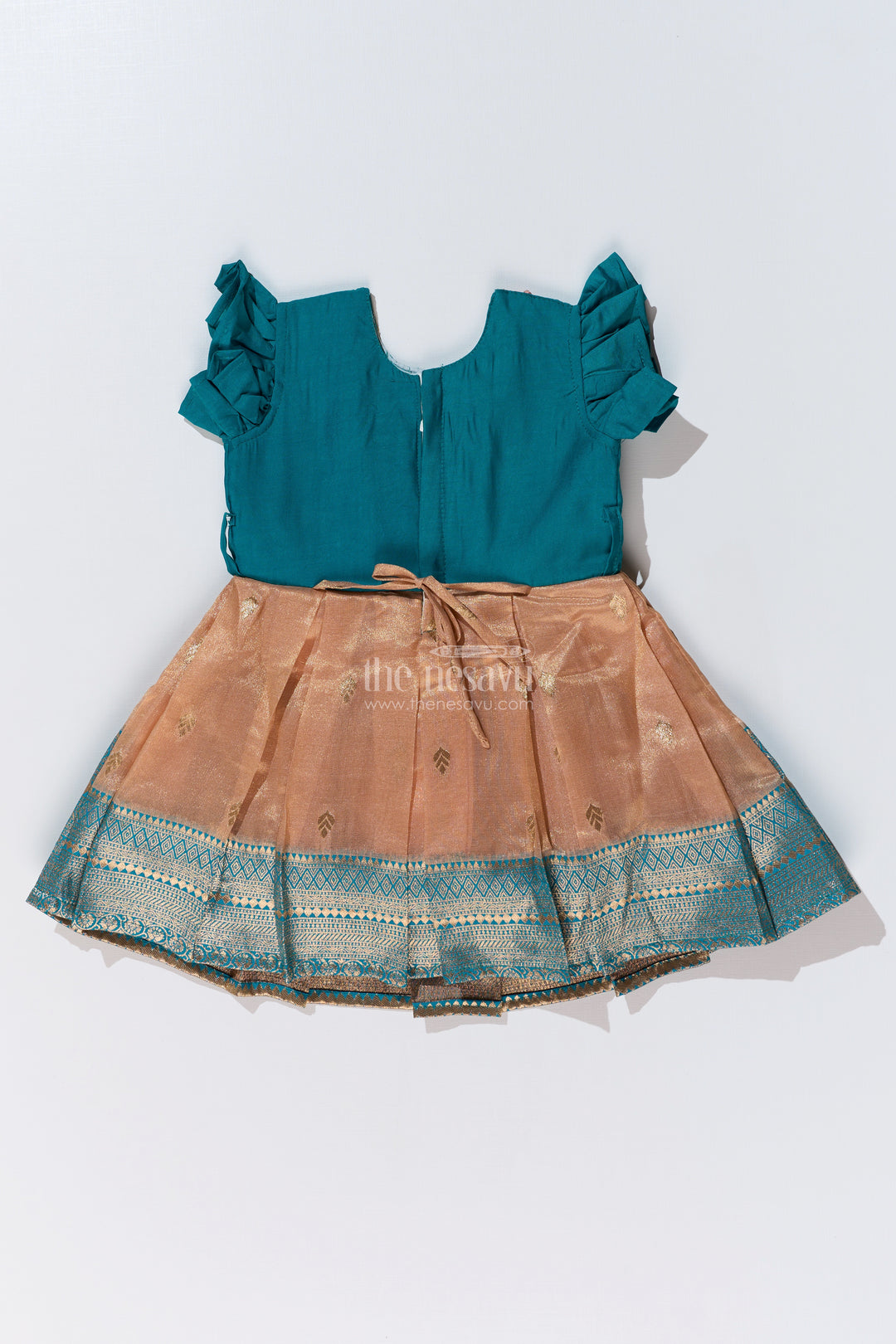 Girls Silk Saree to Frock with Traditional Zari Borders in Teal and Peach