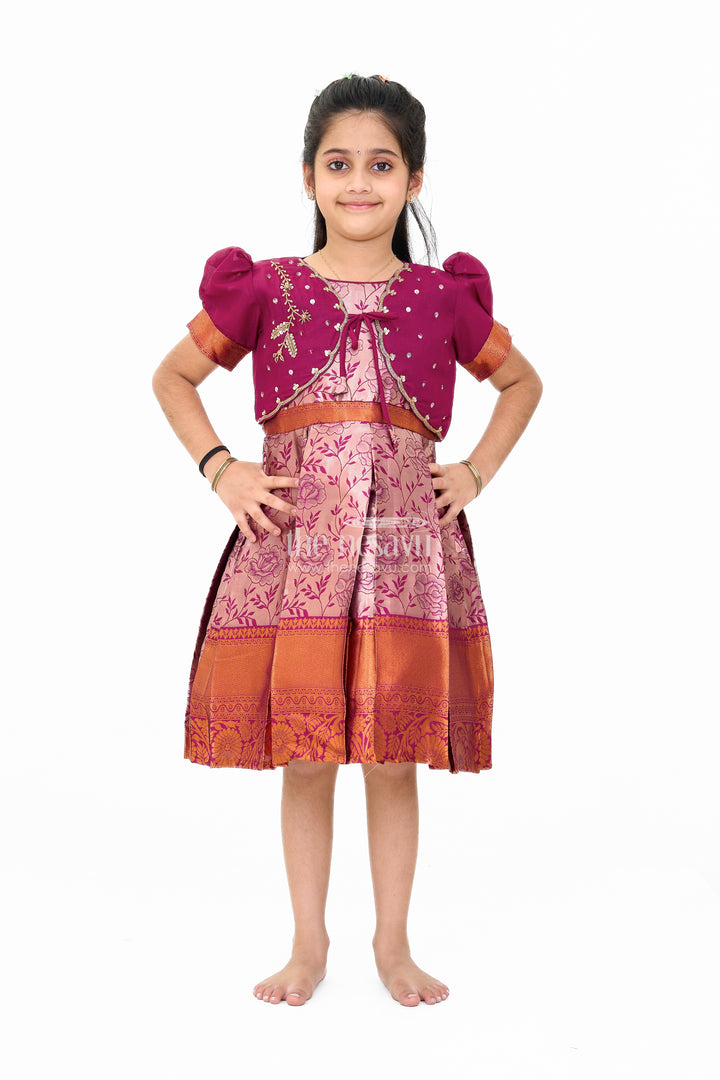 Girls Silk Party Frock with Floral Motif and Contrast Shrug for a Regal Look