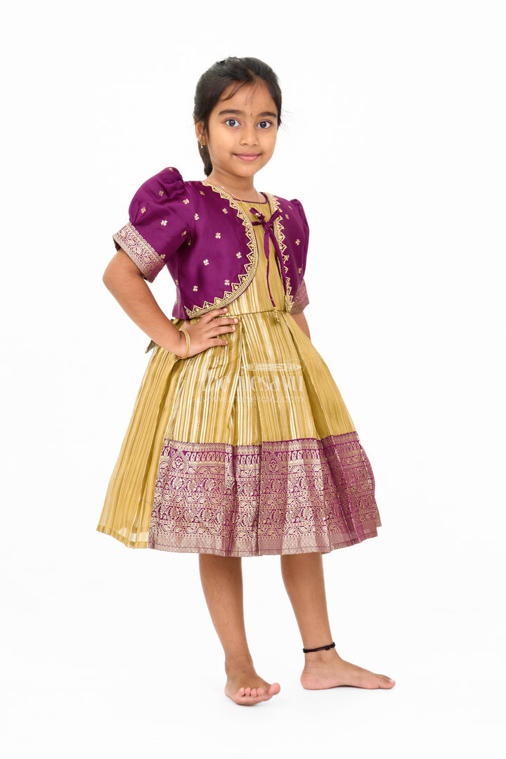 Traditional Girls Silk Party Frock with Gold Zari Skirt and Embroidered Shrug