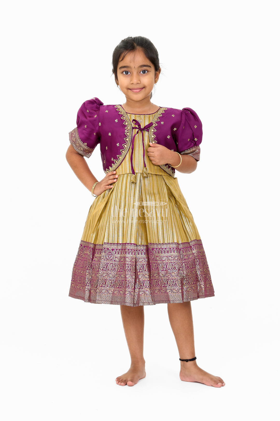 Traditional Girls Silk Party Frock with Gold Zari Skirt and Embroidered Shrug