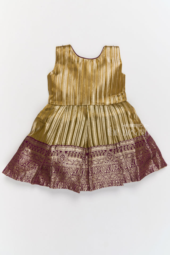 Traditional Girls Silk Party Frock with Gold Zari Skirt and Embroidered Shrug